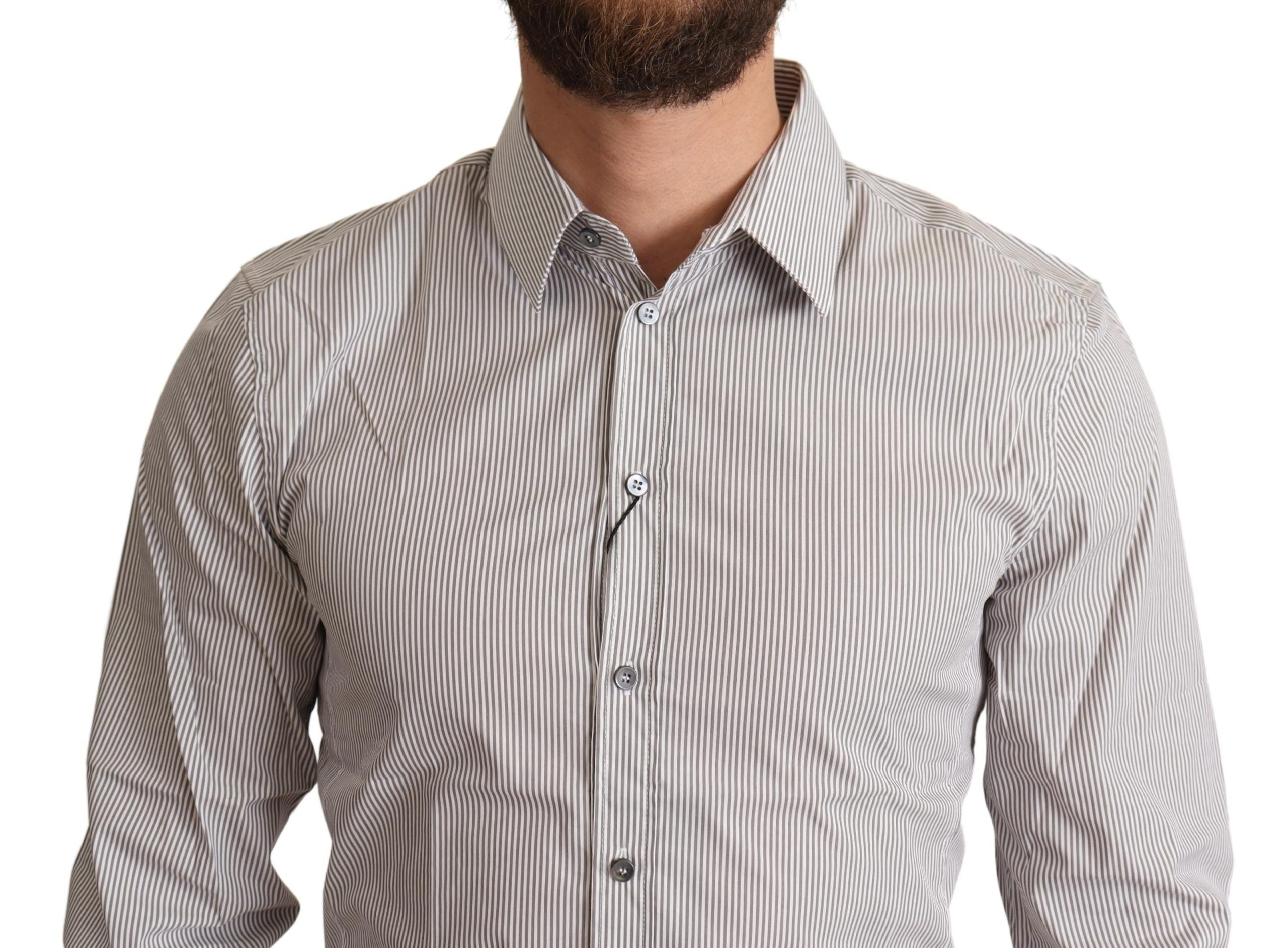 Elegant Gray Striped Slim Fit Dress Shirt - ventzia
