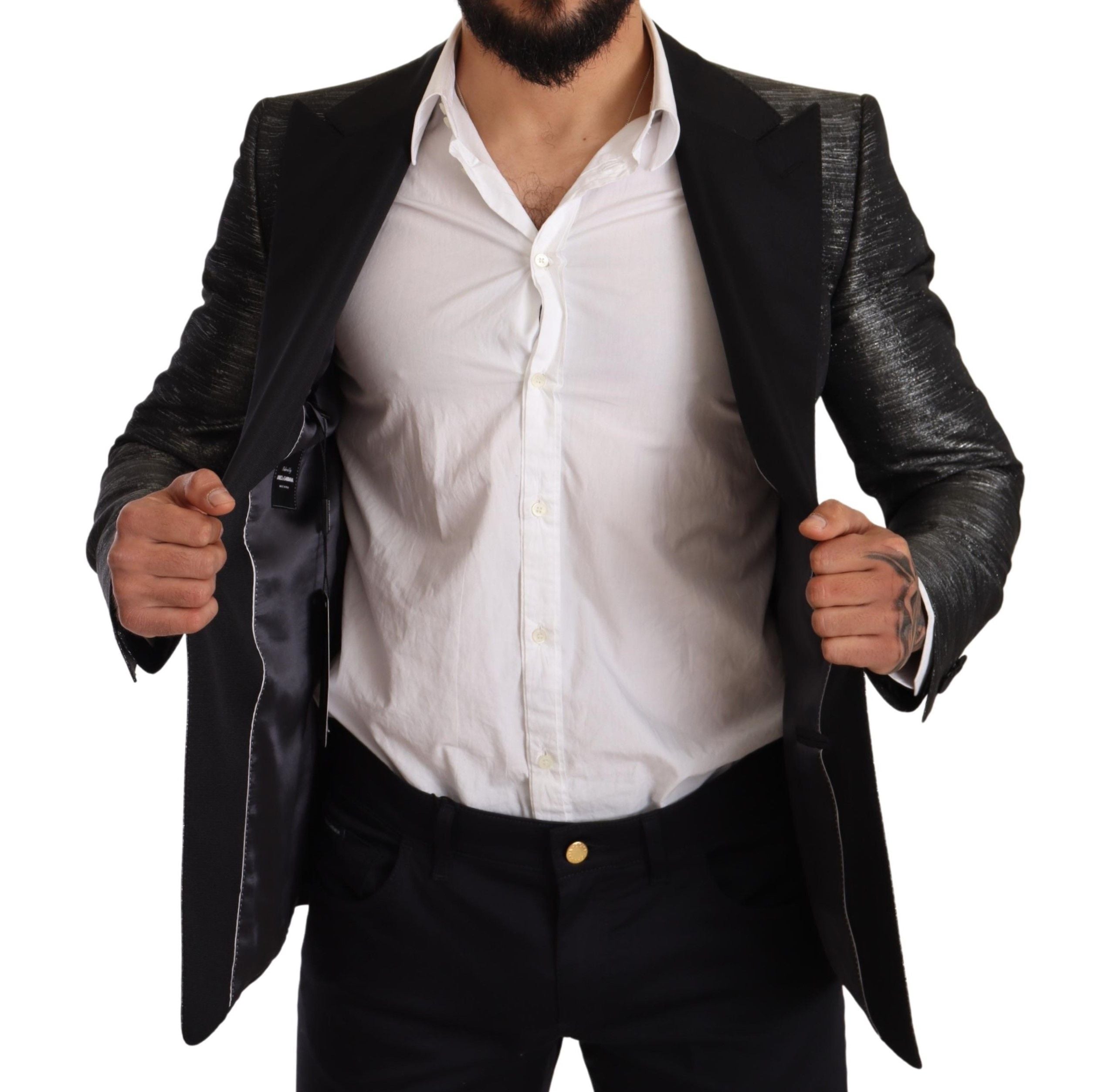 Metallic Gray Jacquard Slim Fit Blazer - ventzia