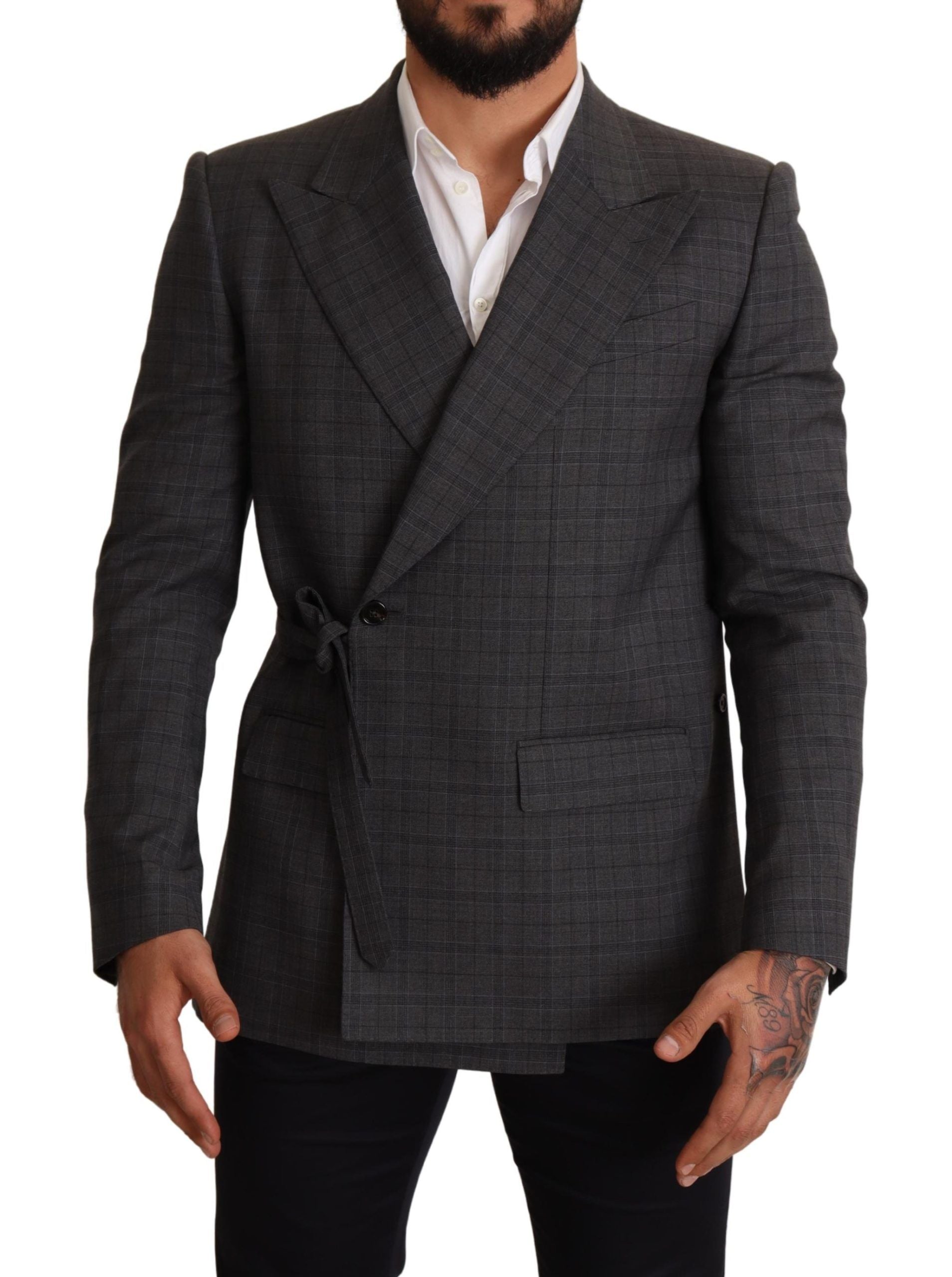 Chic Gray Check Martini Slim Fit Double-Breasted Blazer - ventzia