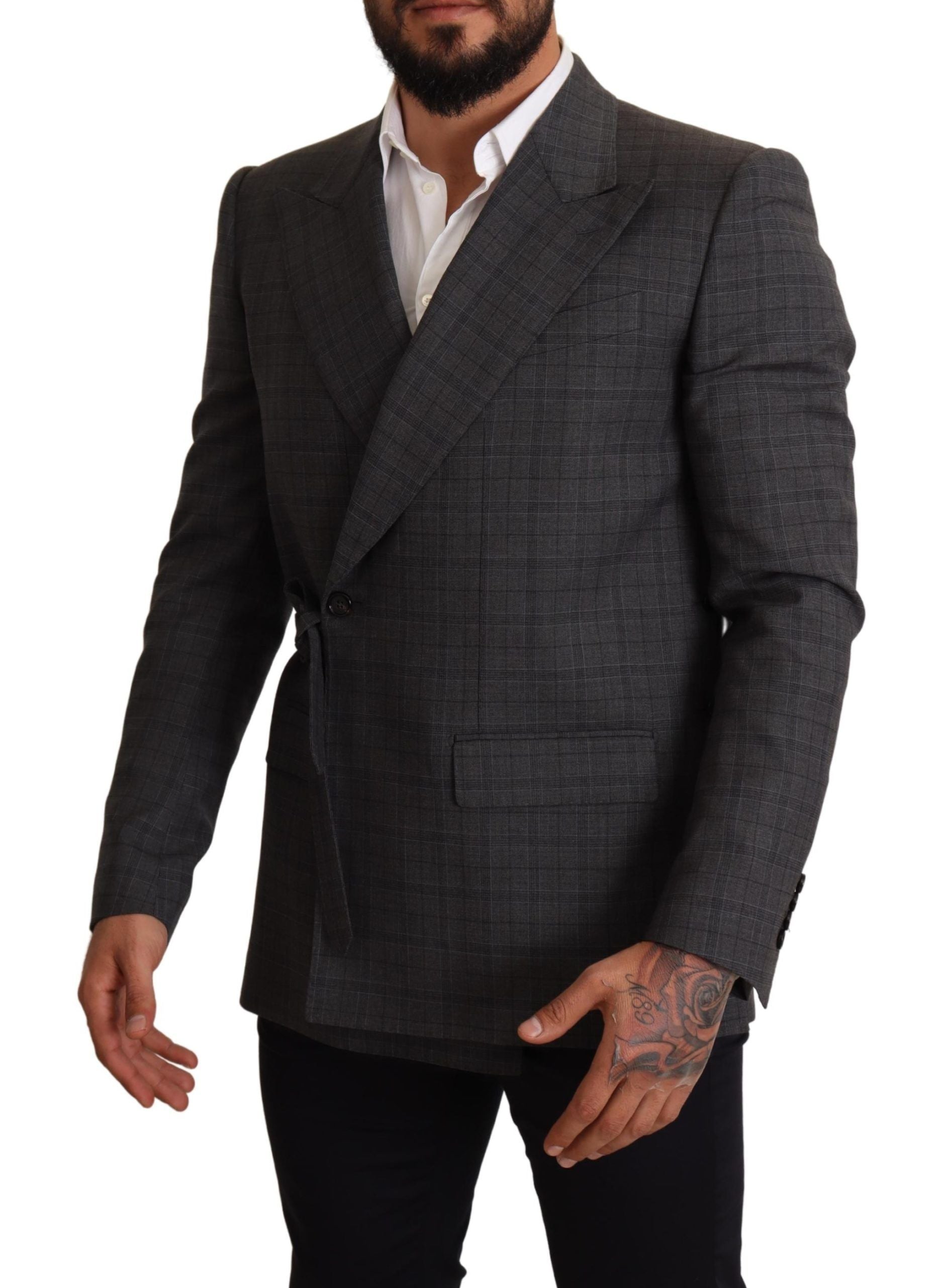 Chic Gray Check Martini Slim Fit Double-Breasted Blazer - ventzia