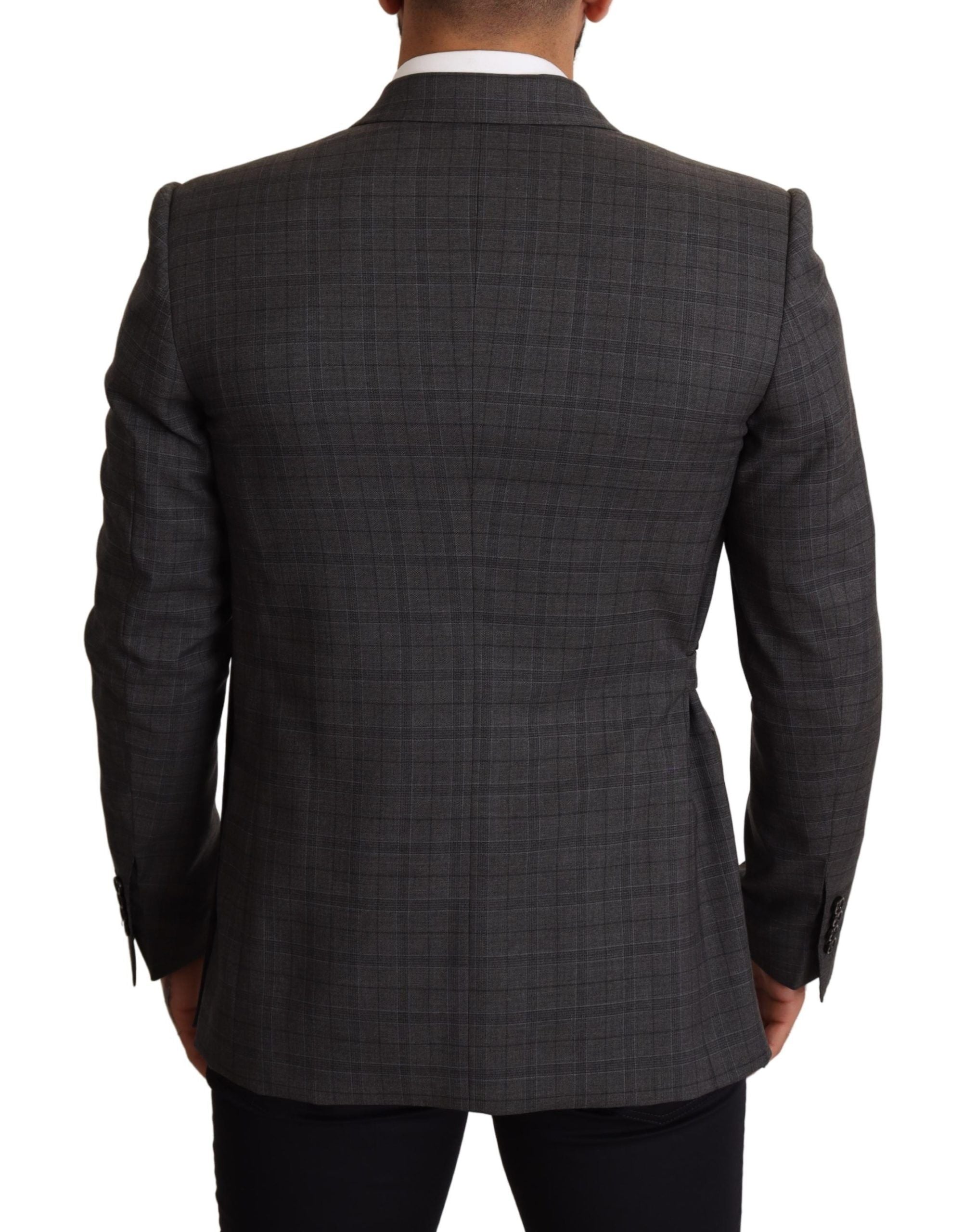 Chic Gray Check Martini Slim Fit Double-Breasted Blazer - ventzia