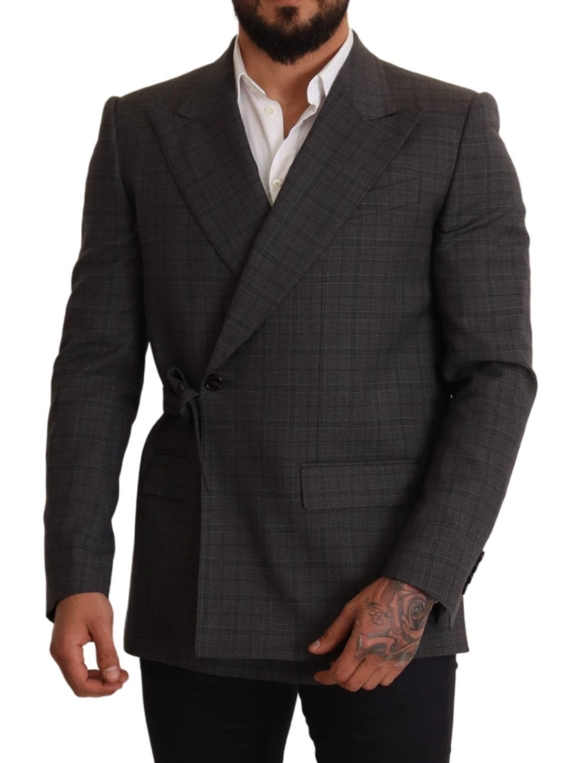Chic Gray Check Martini Slim Fit Double-Breasted Blazer - ventzia