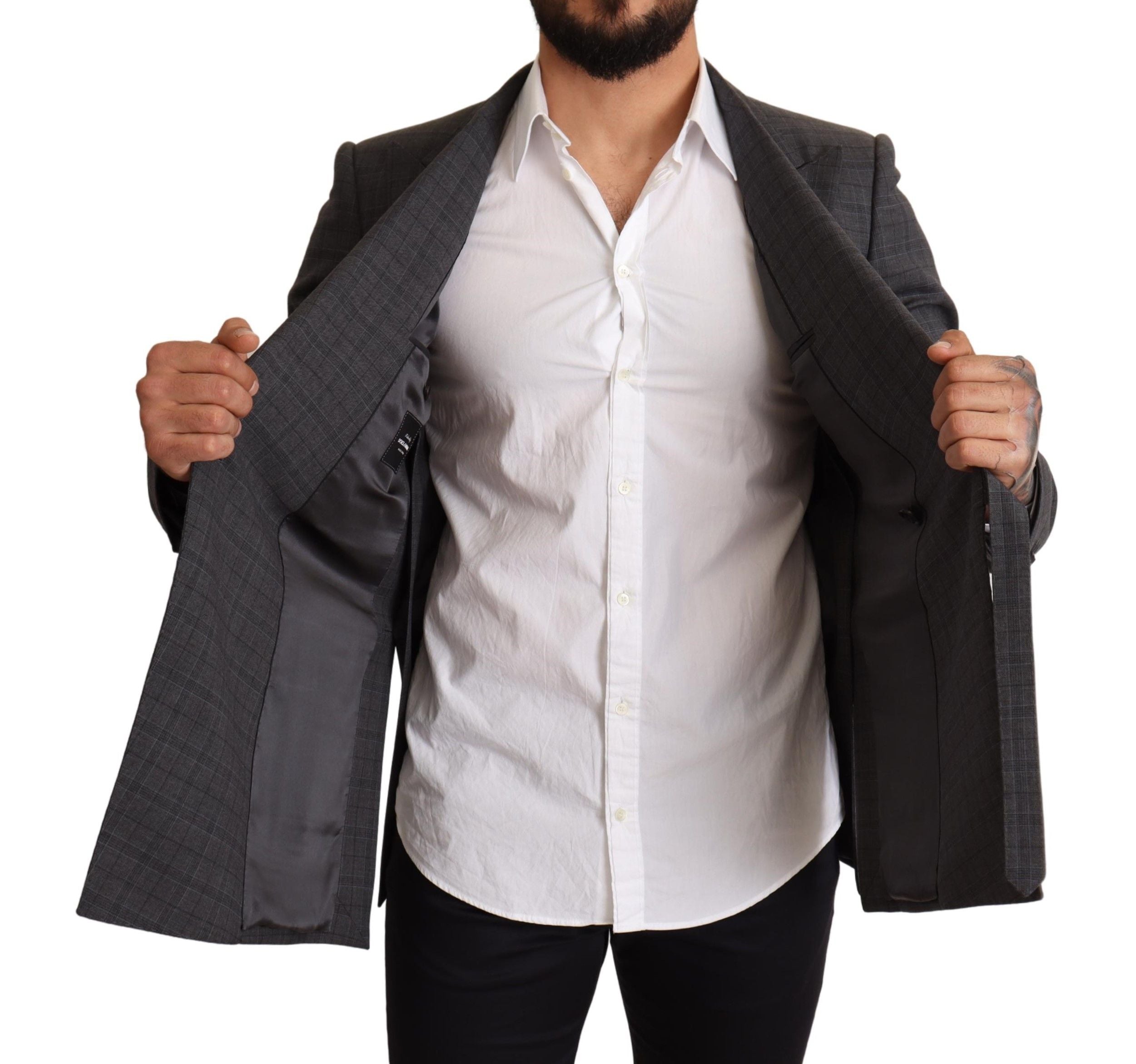 Chic Gray Check Martini Slim Fit Double-Breasted Blazer - ventzia