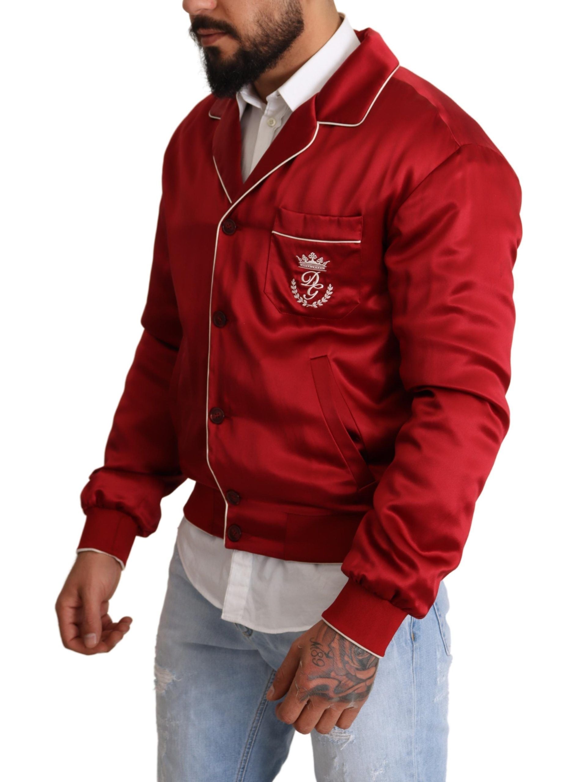 Sumptuous Silk Red Bomber Jacket - ventzia