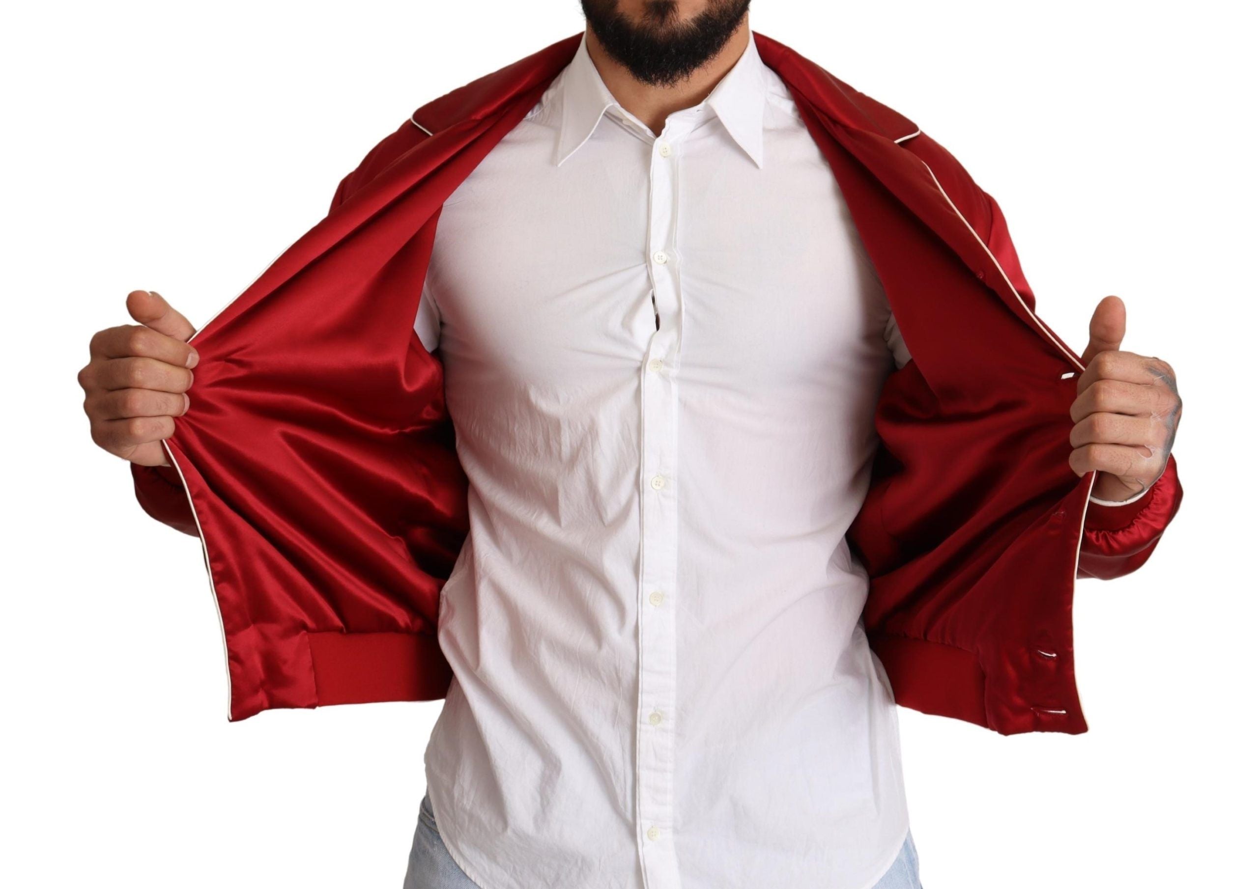 Sumptuous Silk Red Bomber Jacket - ventzia