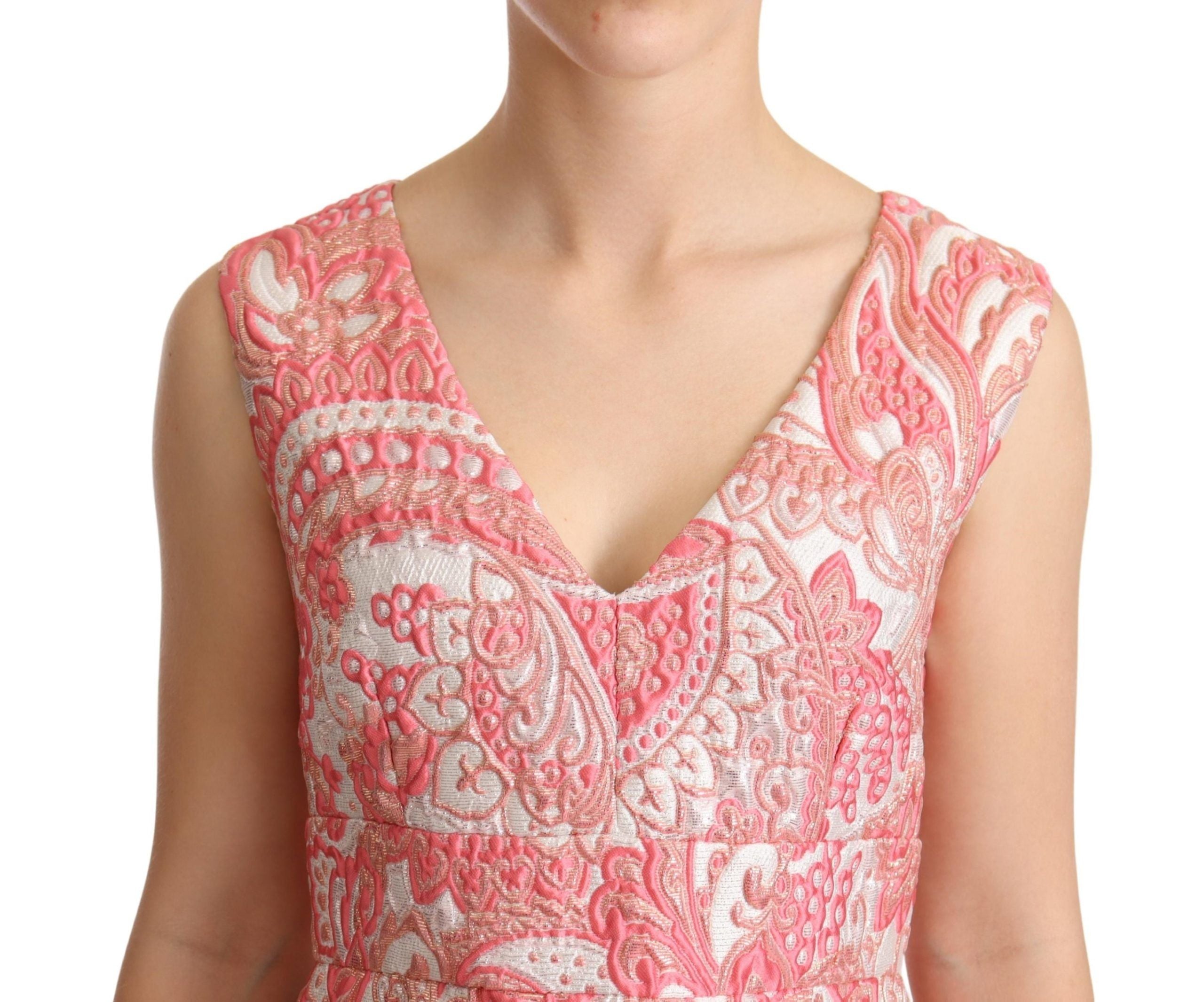 Pink Floral Jacquard Pleated Sheath Dress - ventzia