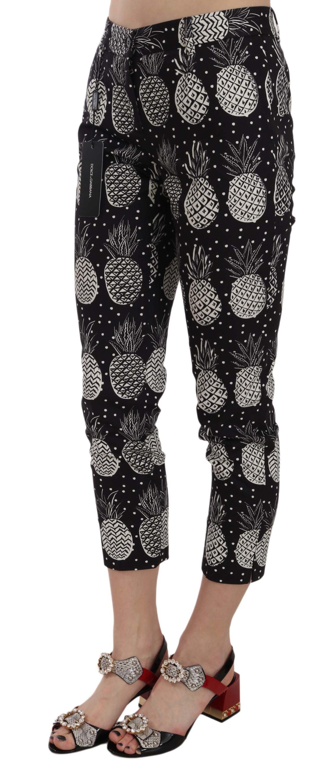 Chic Black Pineapple Print Skinny Capri Pants - ventzia