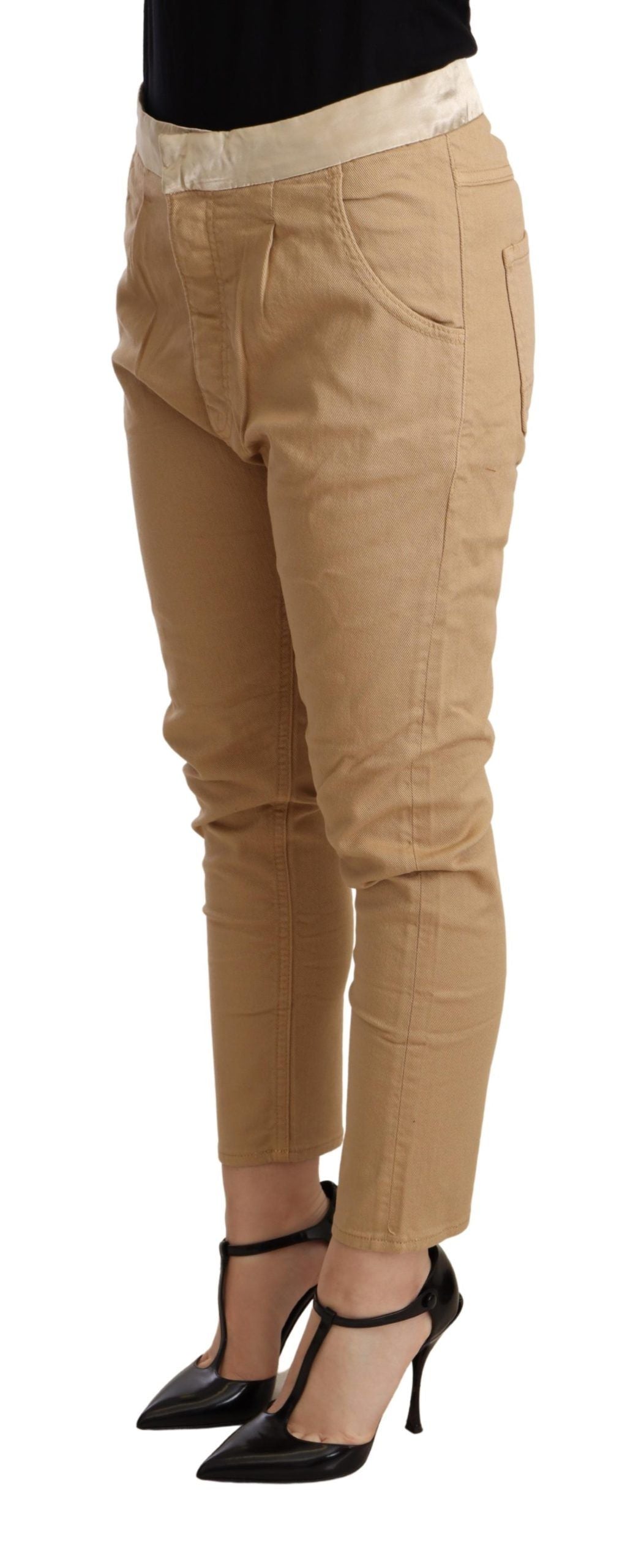 Beige Mid Waist Slim Fit Skinny Pants - ventzia