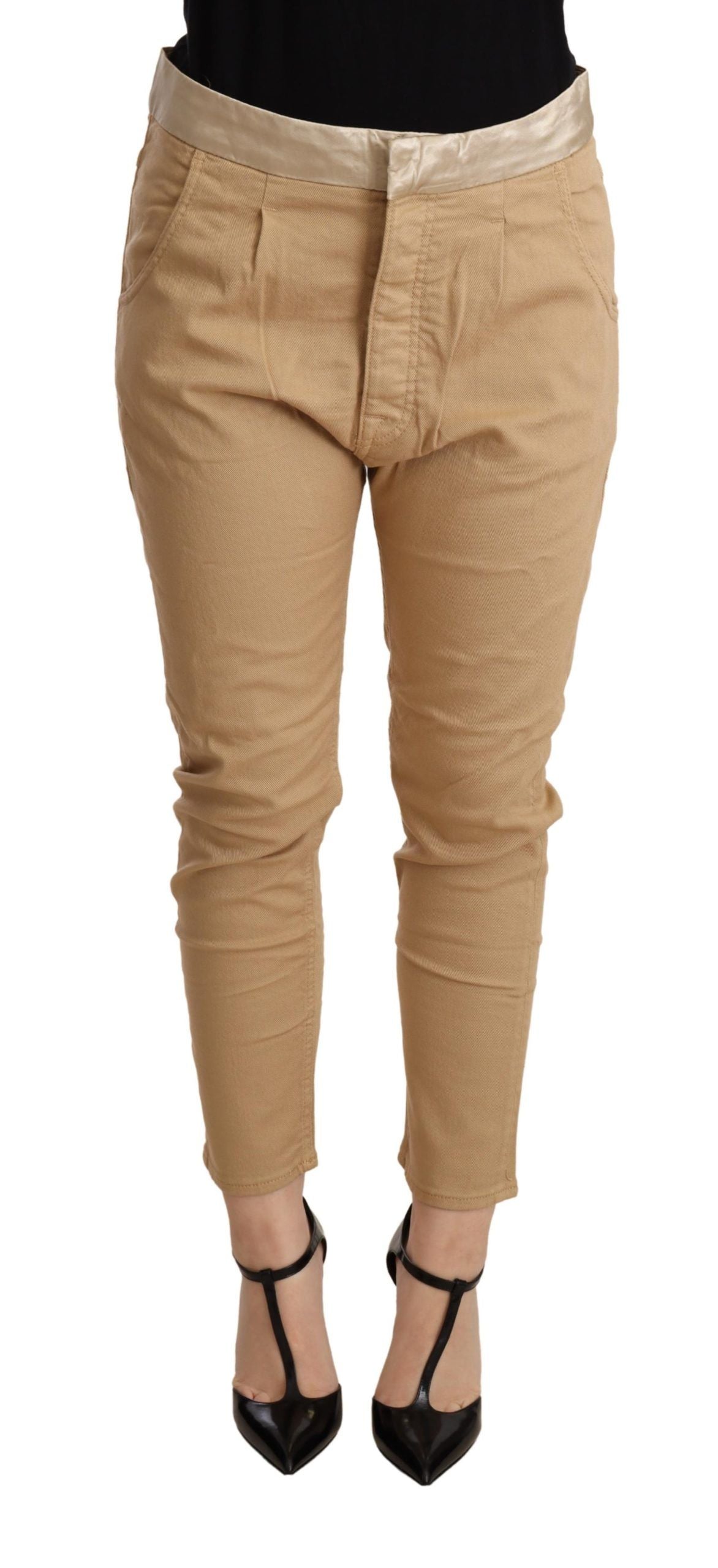 Beige Mid Waist Slim Fit Skinny Pants - ventzia