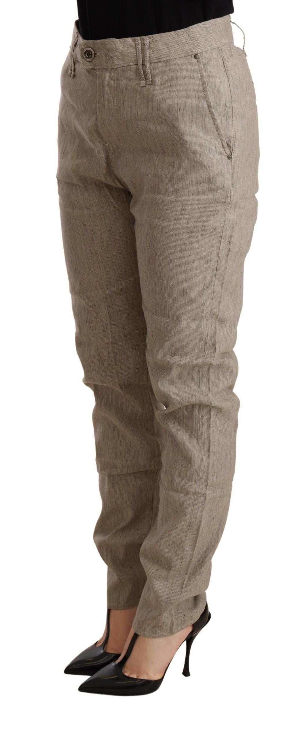 Chic Beige Mid Waist Baggy Pants for Sophisticated Style - ventzia