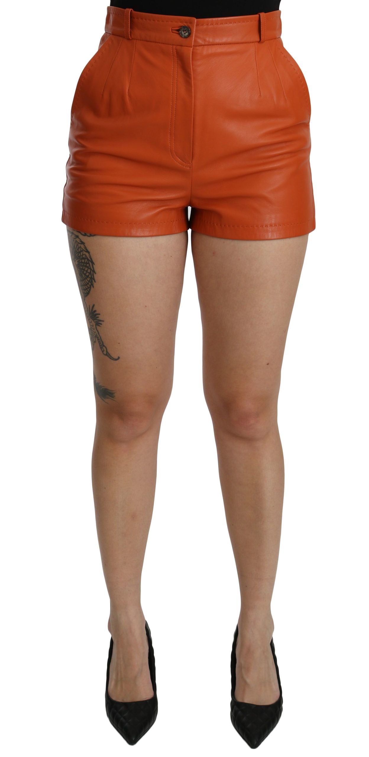 Chic Orange Leather High Waist Hot Pants - ventzia