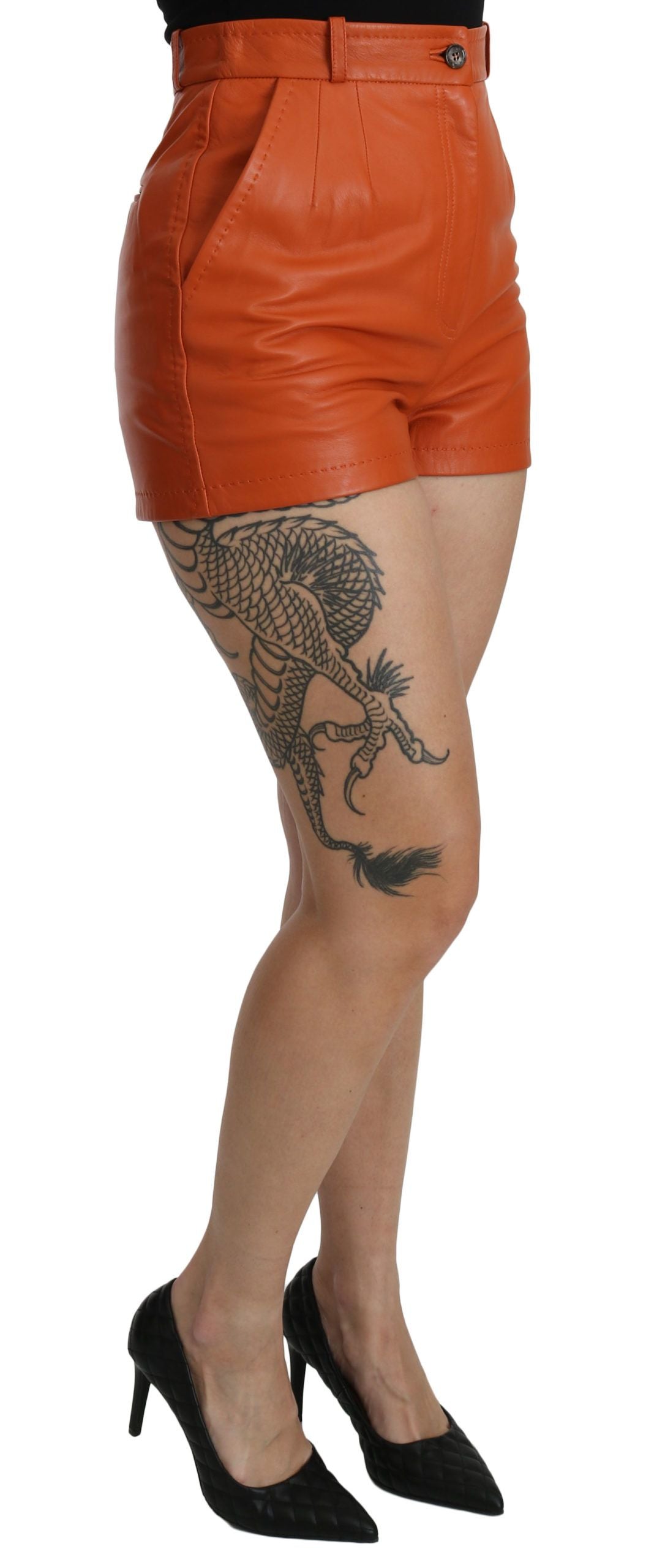 Chic Orange Leather High Waist Hot Pants - ventzia