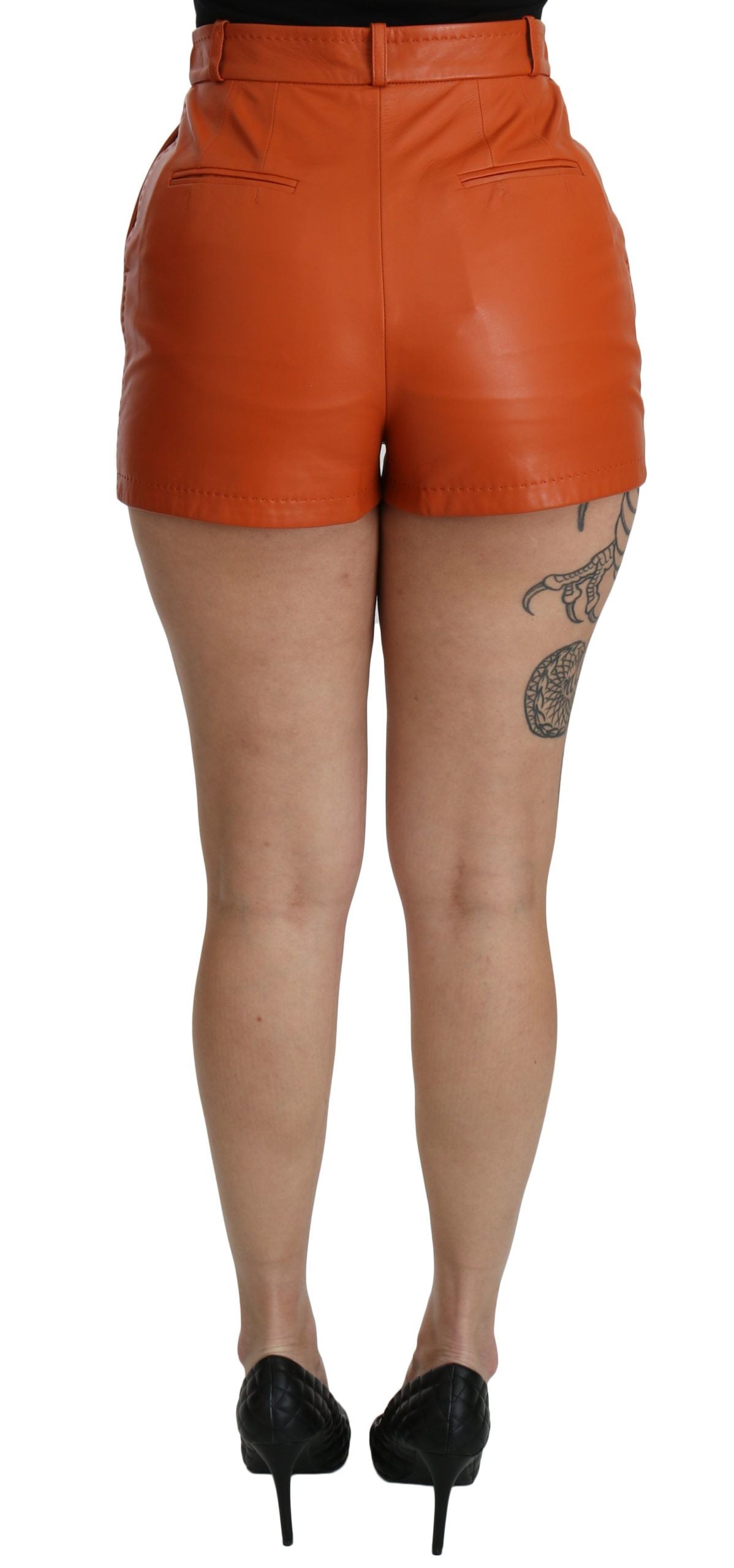 Chic Orange Leather High Waist Hot Pants - ventzia