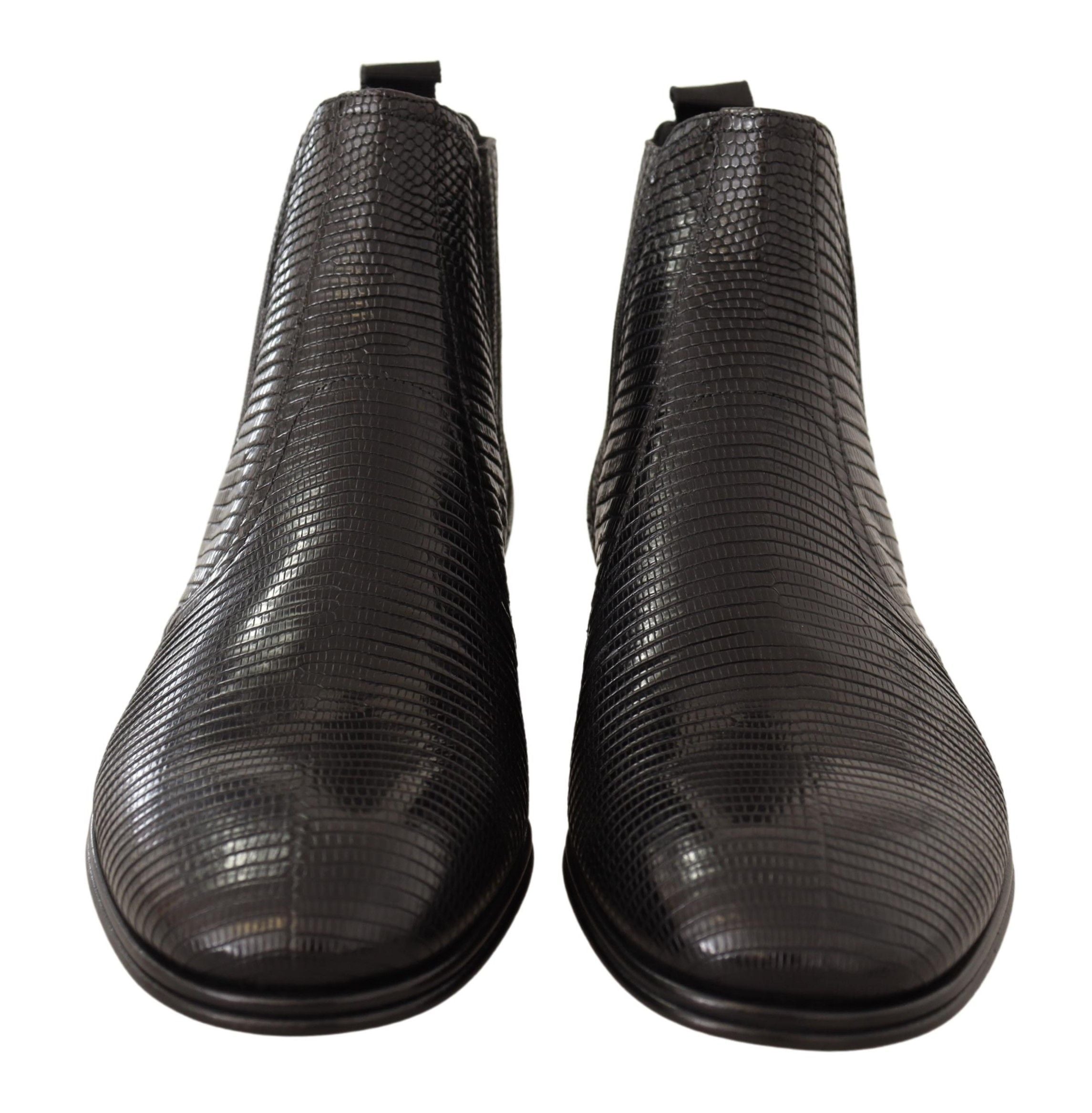 Elegant Black Leather Lizard Skin Derby Boots - ventzia