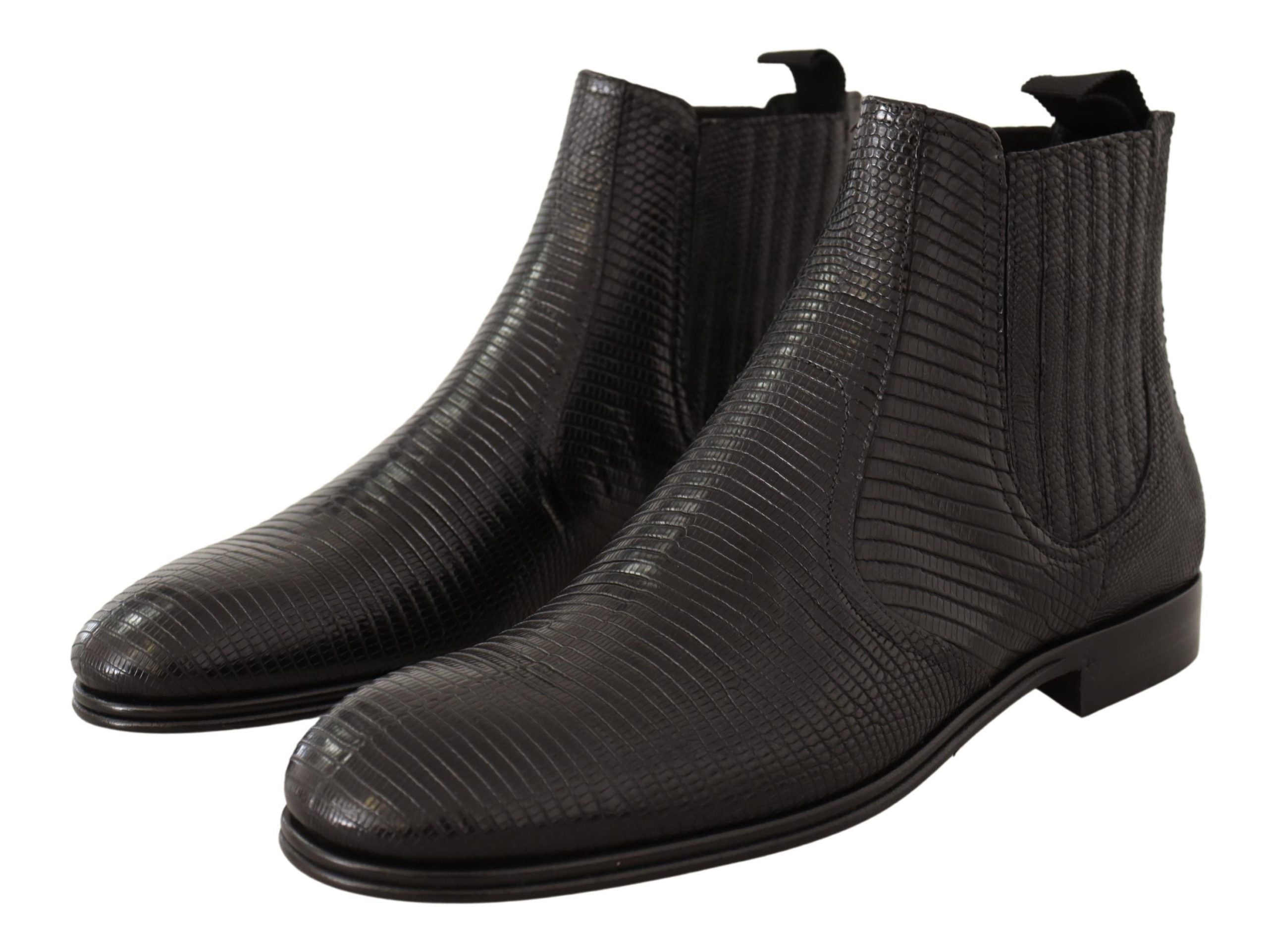Elegant Black Leather Lizard Skin Derby Boots - ventzia