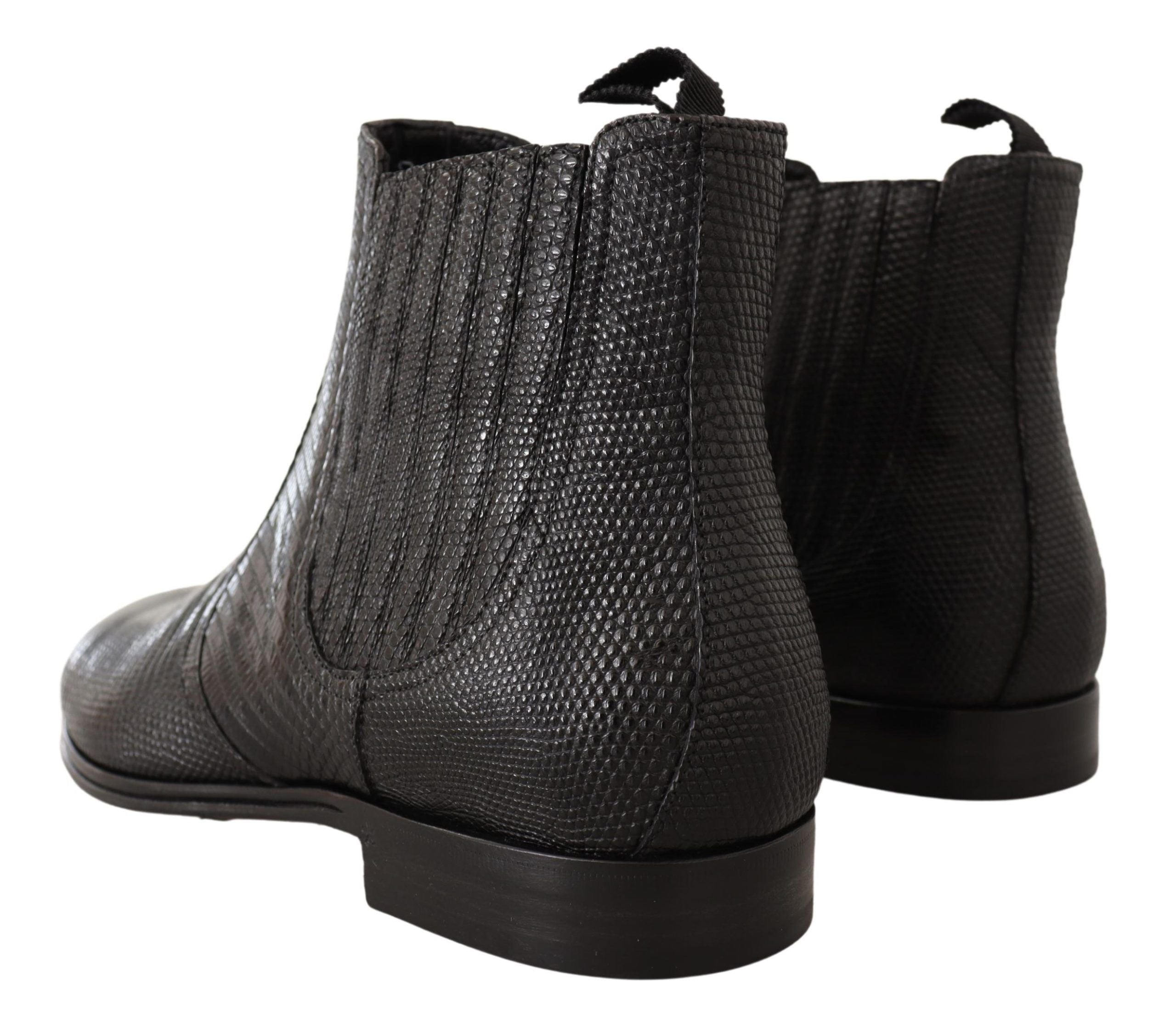 Elegant Black Leather Lizard Skin Derby Boots - ventzia