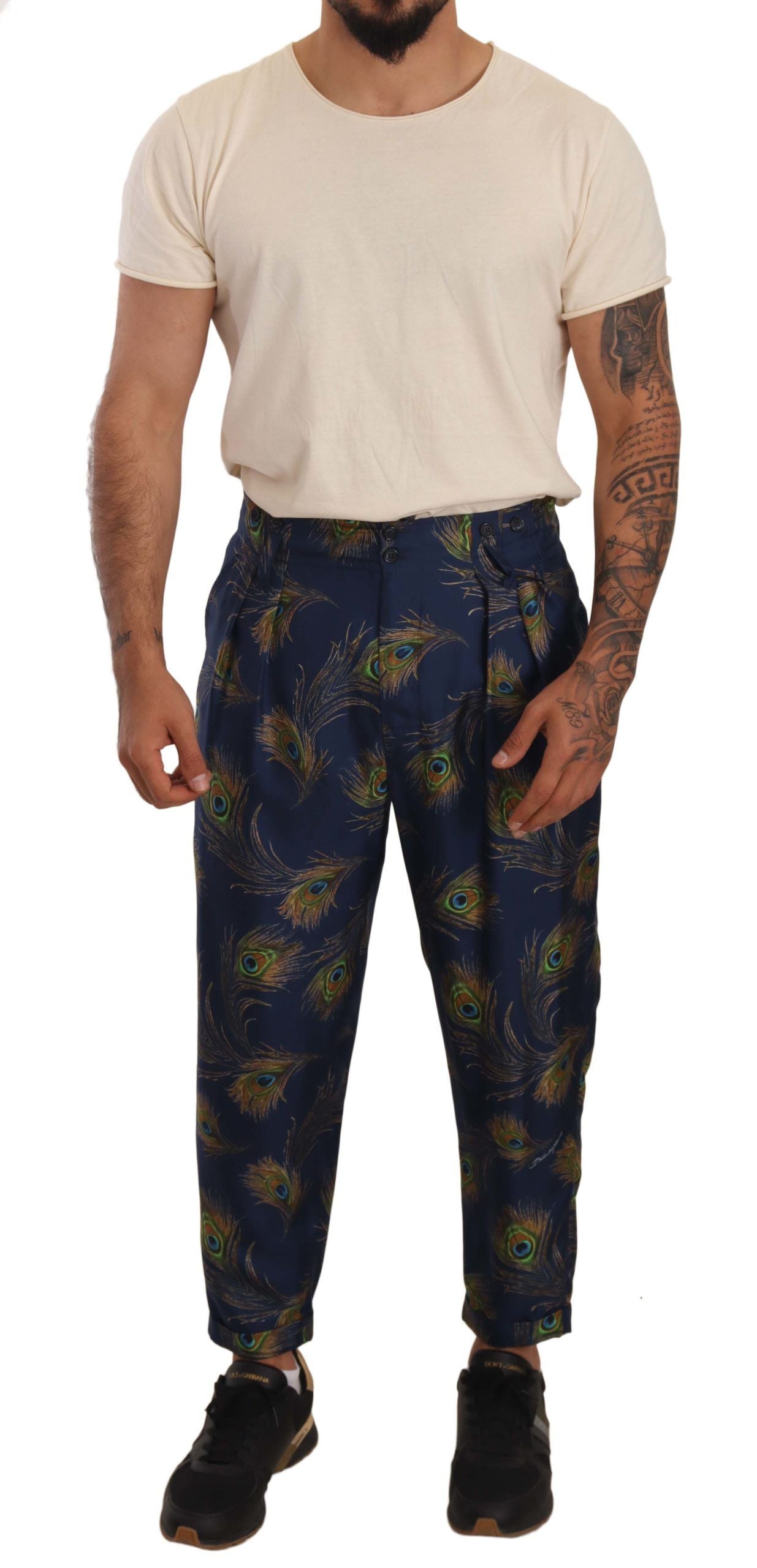 Exquisite Peacock Print Silk Trousers - ventzia