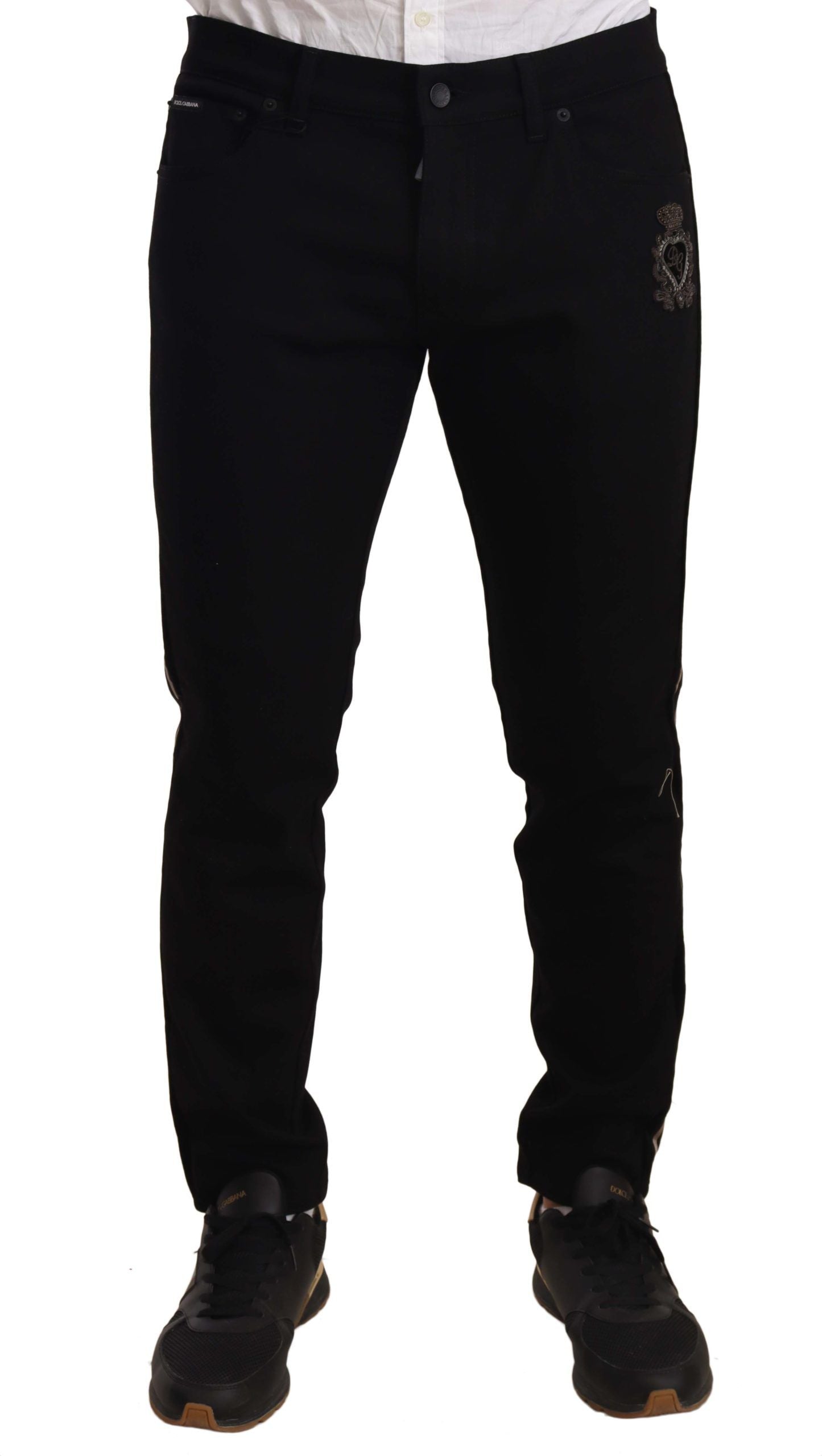 Heraldic Embroidered Slim Fit Black Jeans - ventzia