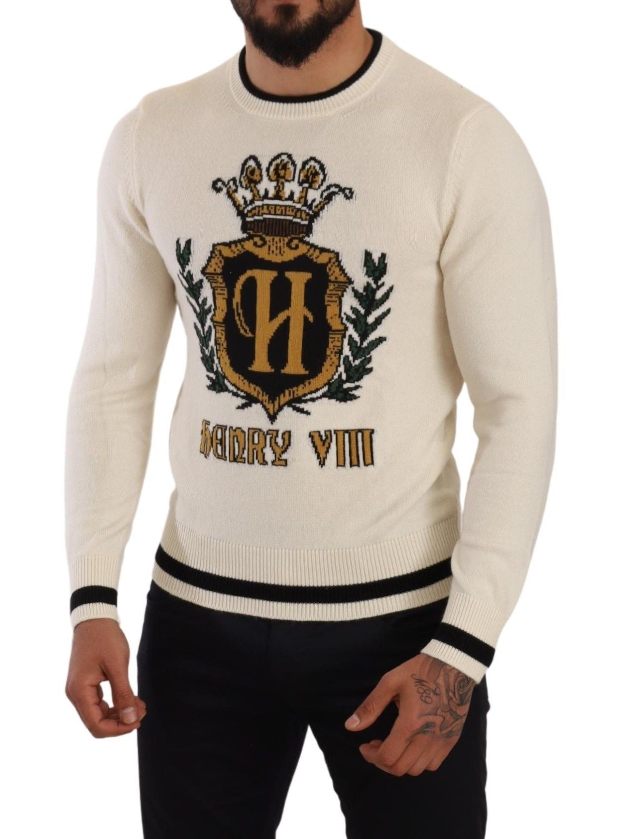 Elegant Snow-White Heraldic Cashmere Sweater - ventzia