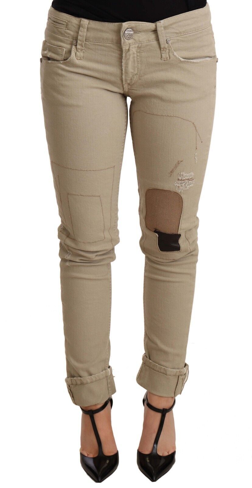 Beige Cotton Slim Fit Chic Jeans - ventzia