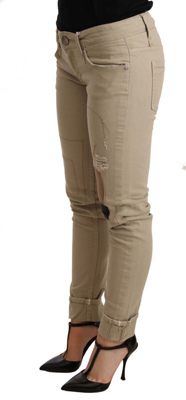Beige Cotton Slim Fit Chic Jeans - ventzia