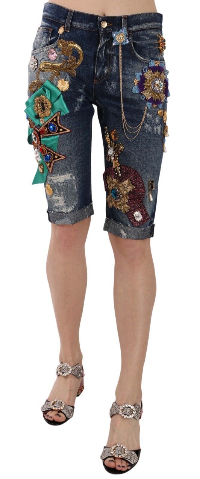Elegant Knee-Length Embellished Denim Shorts - ventzia