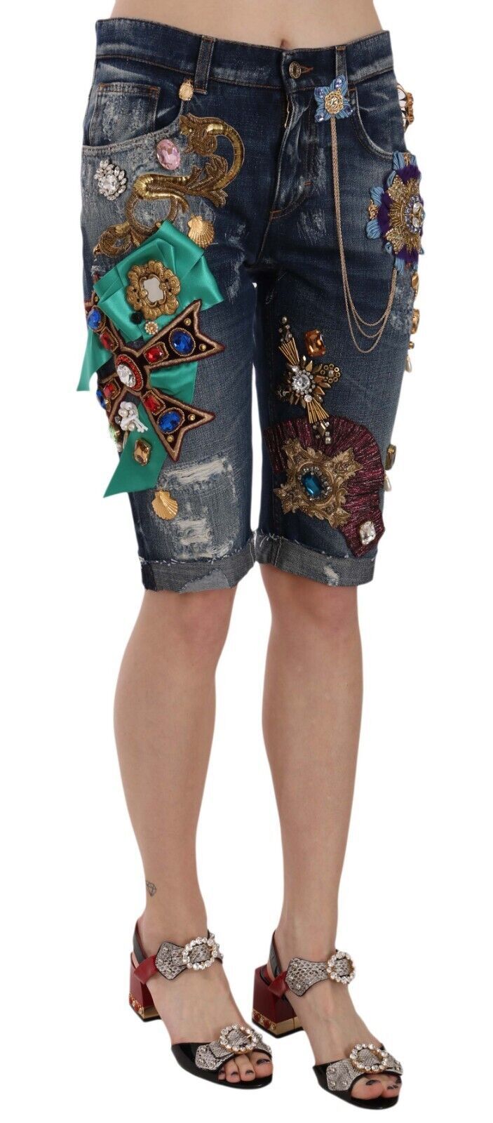 Elegant Knee-Length Embellished Denim Shorts - ventzia