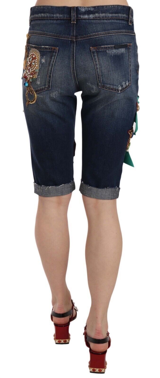 Elegant Knee-Length Embellished Denim Shorts - ventzia