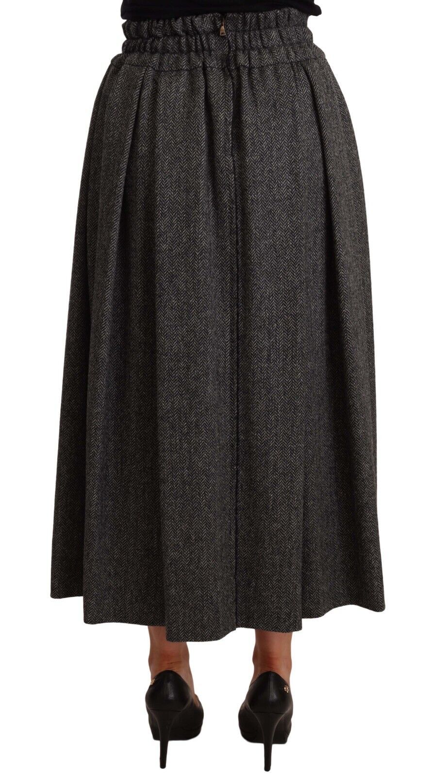 Elegant A-Line Midi Wool Skirt in Gray Zigzag - ventzia