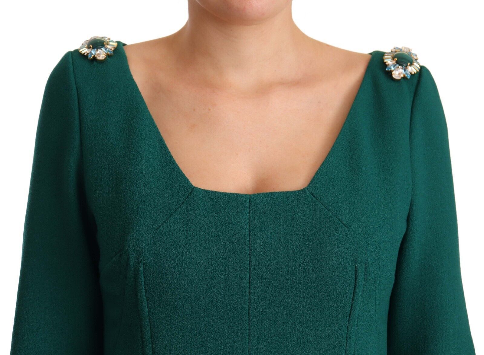 Emerald Green Midi Sheath Dress with Crystal Brooch - ventzia