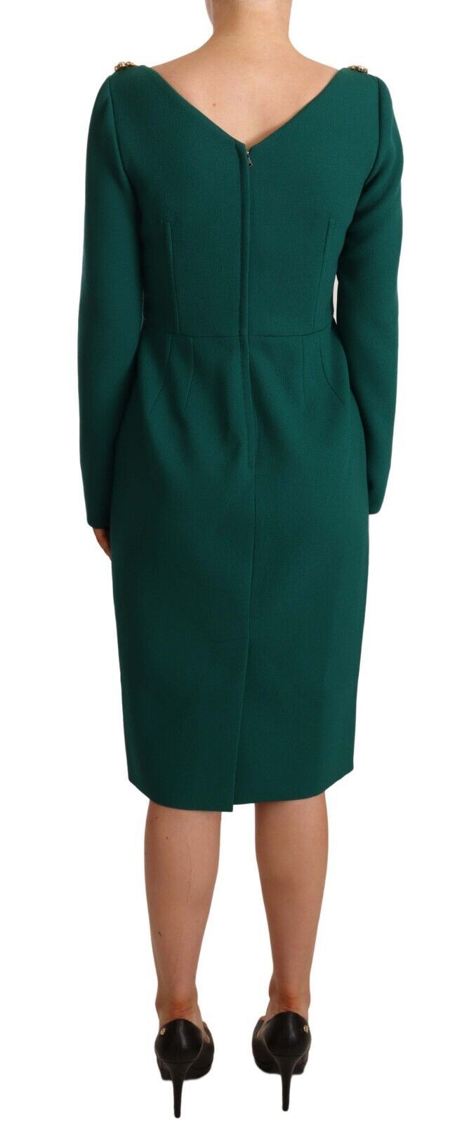 Emerald Green Midi Sheath Dress with Crystal Brooch - ventzia