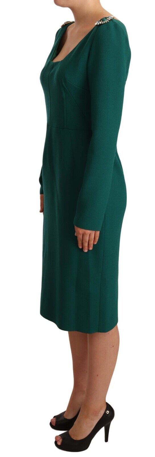 Emerald Green Midi Sheath Dress with Crystal Brooch - ventzia