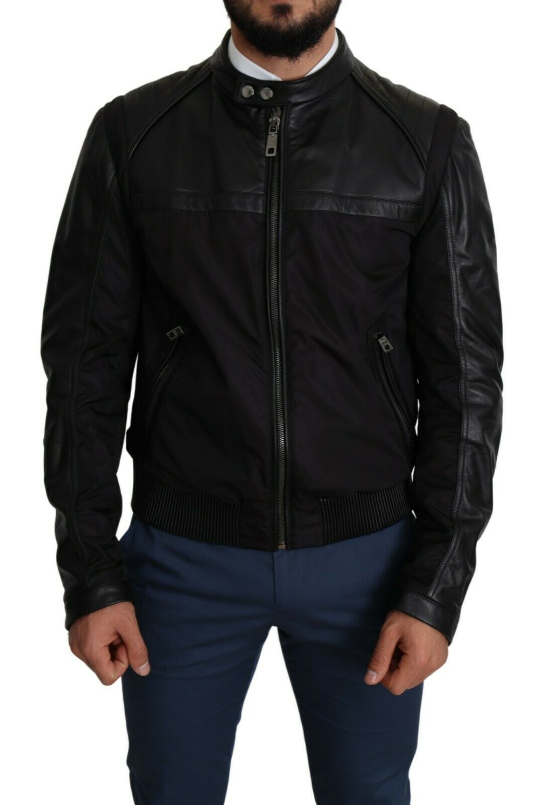Elegant Black Bomber with Leather Accents - ventzia