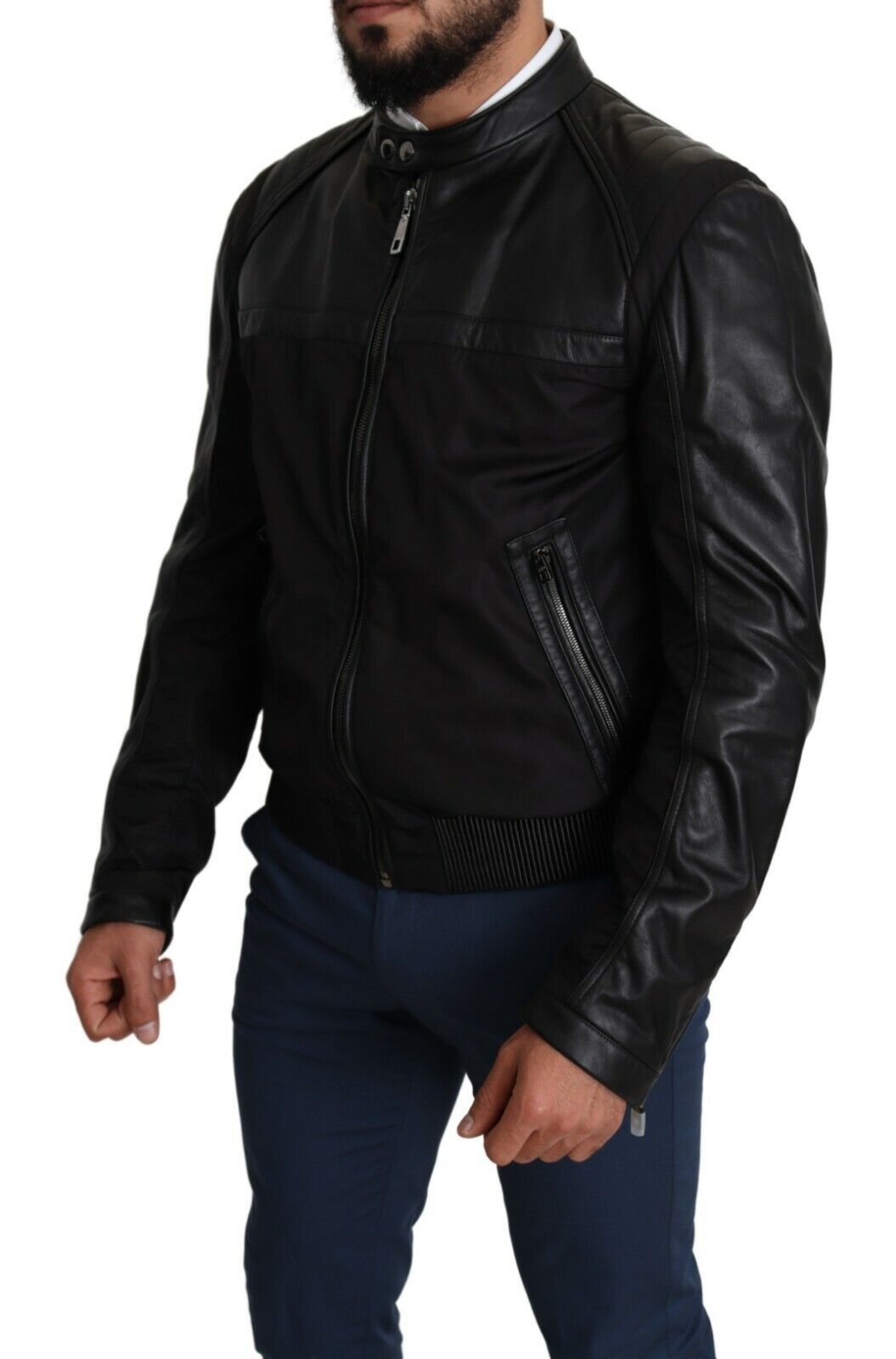 Elegant Black Bomber with Leather Accents - ventzia