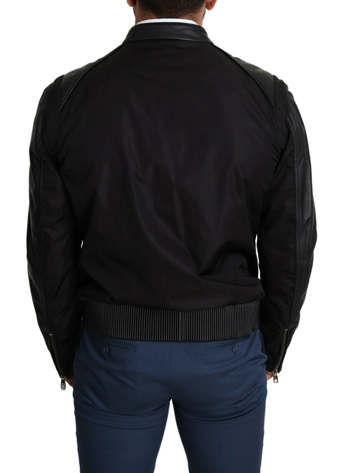 Elegant Black Bomber with Leather Accents - ventzia