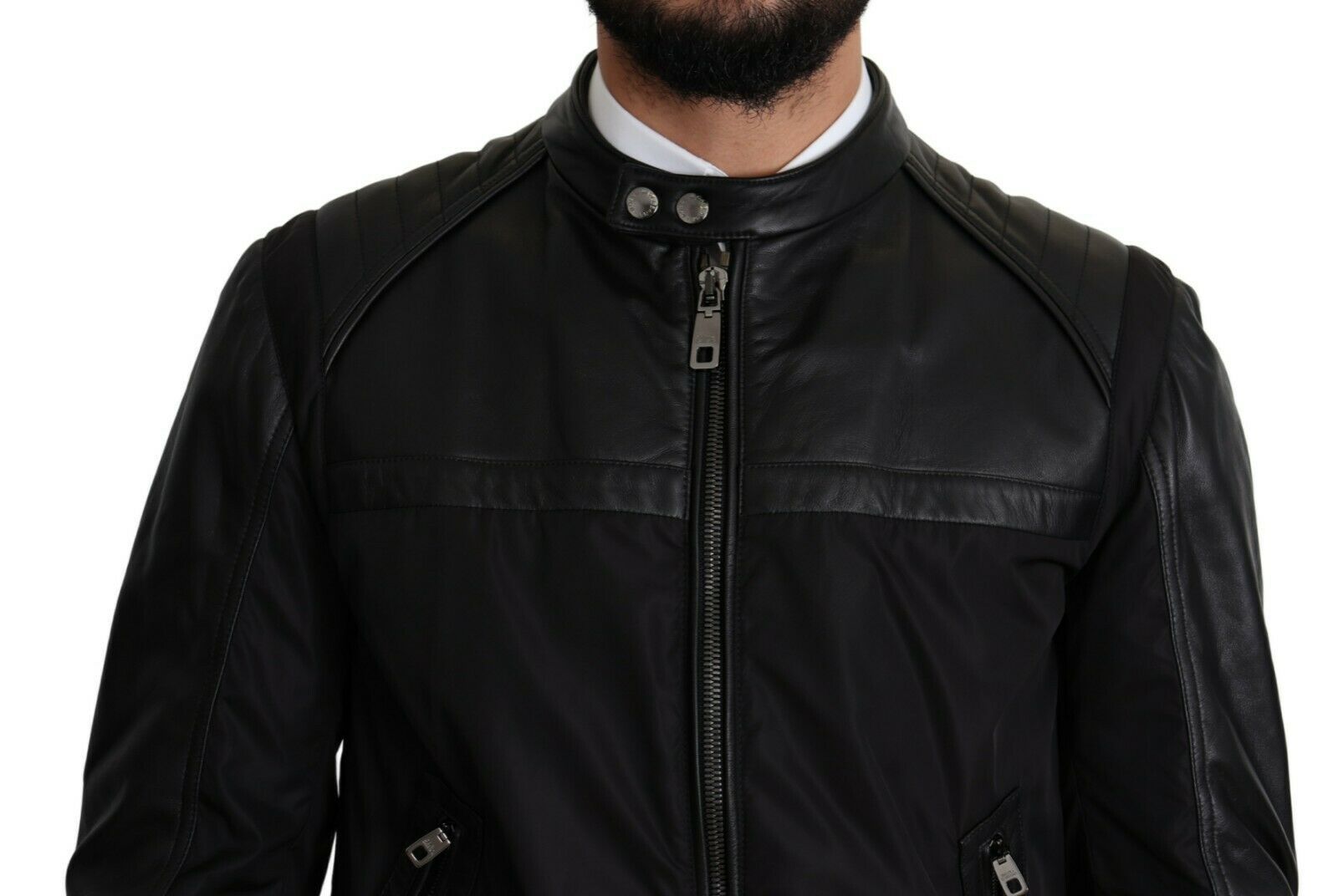 Elegant Black Bomber with Leather Accents - ventzia