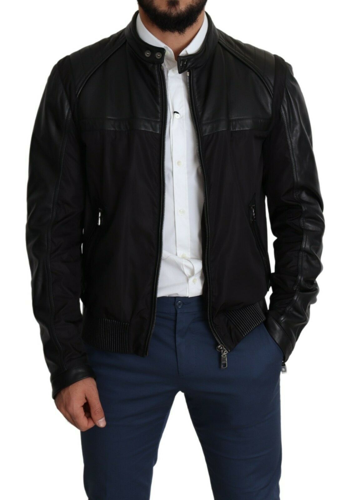 Elegant Black Bomber with Leather Accents - ventzia