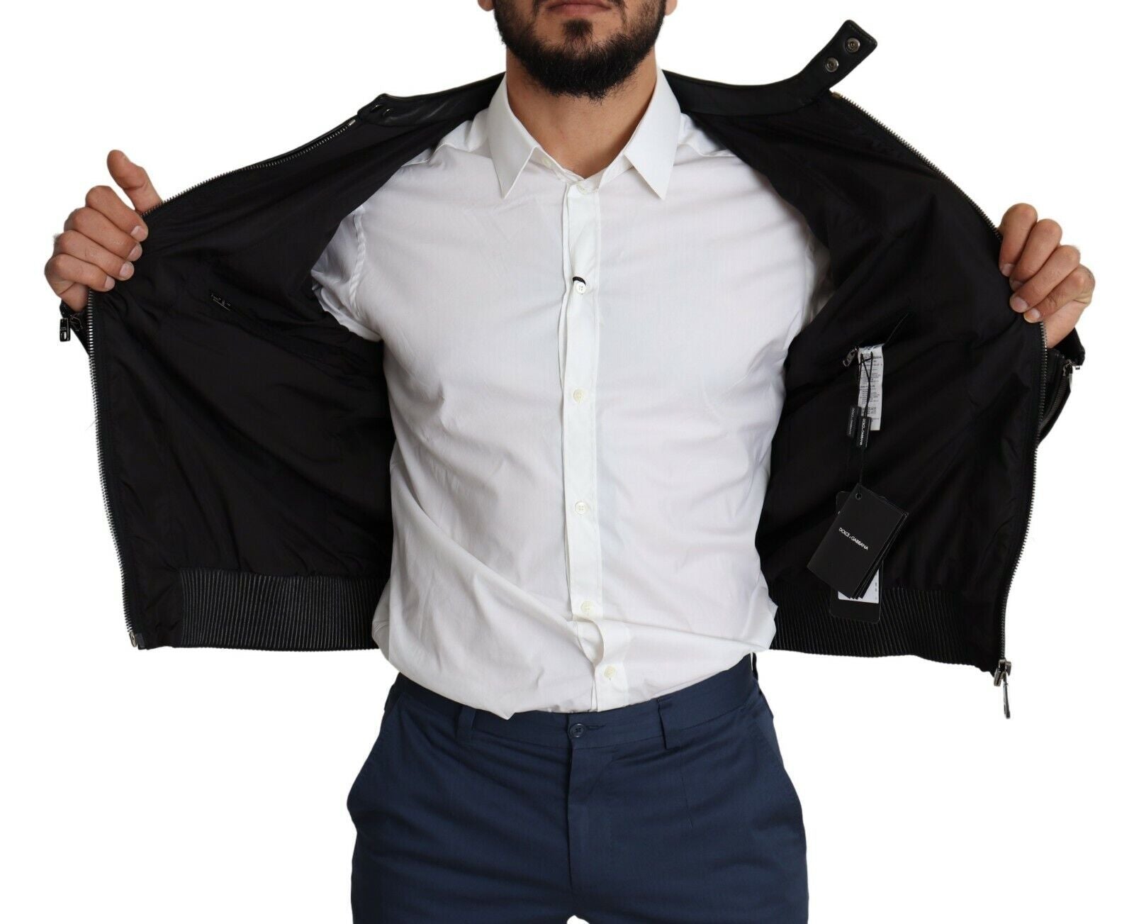 Elegant Black Bomber with Leather Accents - ventzia