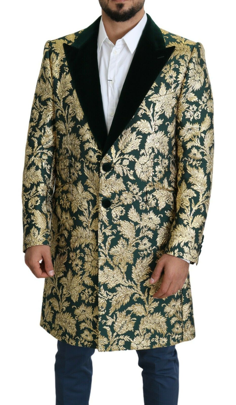 DOLCE & GABBANA Jacket SICILIA Green Gold Jacquard Long Coat - ventzia