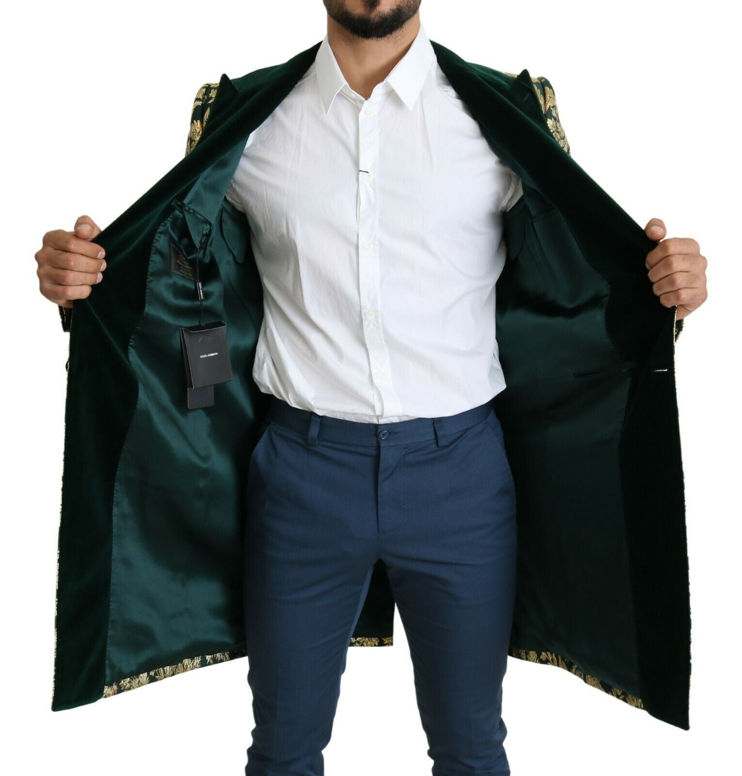 DOLCE & GABBANA Jacket SICILIA Green Gold Jacquard Long Coat - ventzia