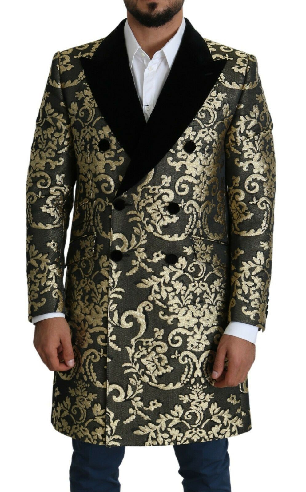 Gold Black Sicilia Jacquard Double-Breasted Coat - ventzia