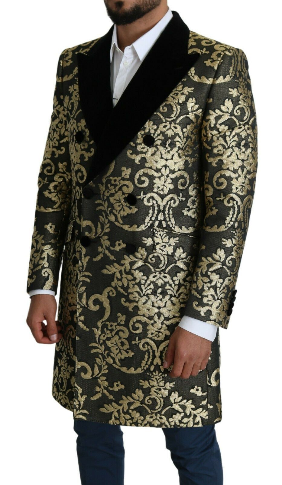 Gold Black Sicilia Jacquard Double-Breasted Coat - ventzia