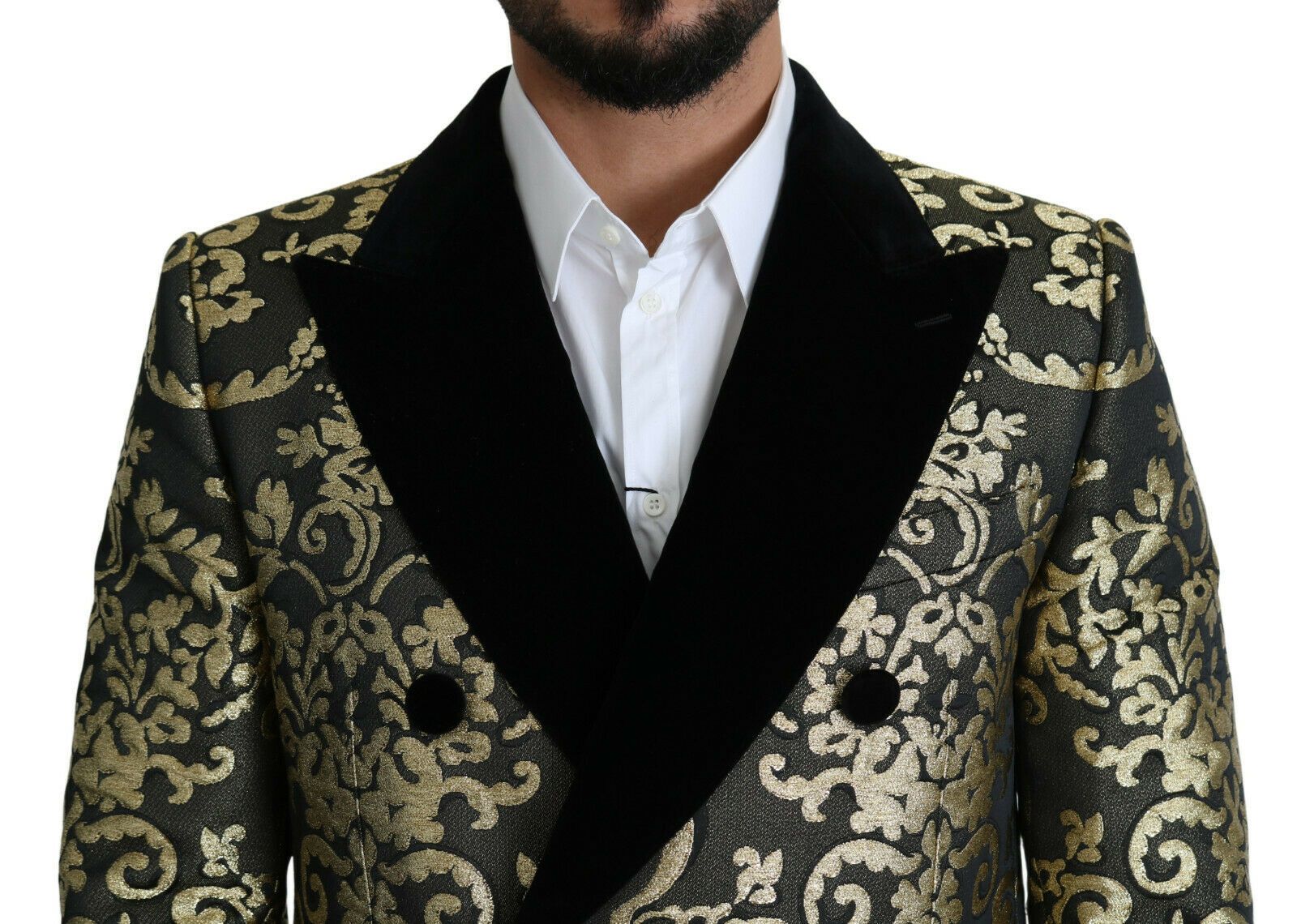 Gold Black Sicilia Jacquard Double-Breasted Coat - ventzia