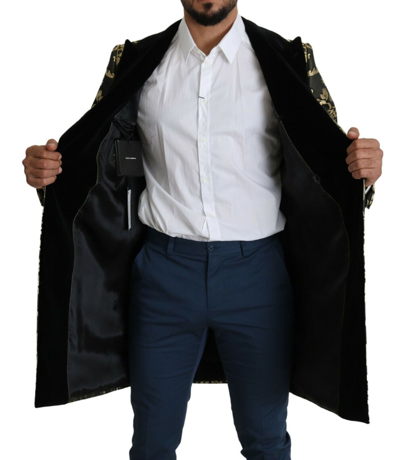 Gold Black Sicilia Jacquard Double-Breasted Coat - ventzia