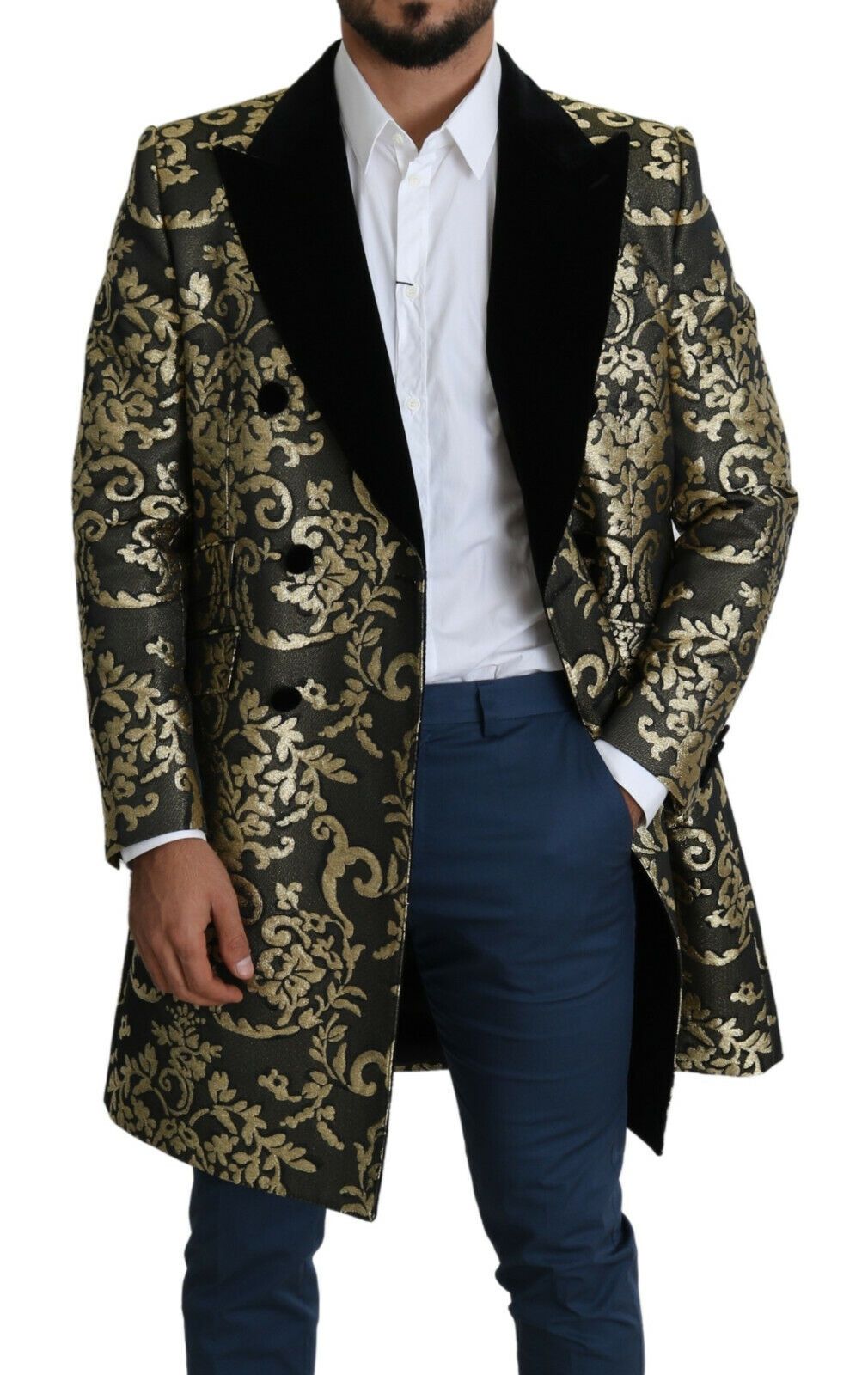 Gold Black Sicilia Jacquard Double-Breasted Coat - ventzia