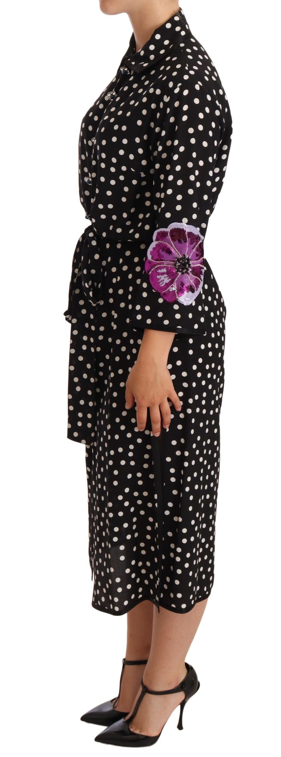 Elegant Silk Polka Dot Sequin Midi Dress - ventzia