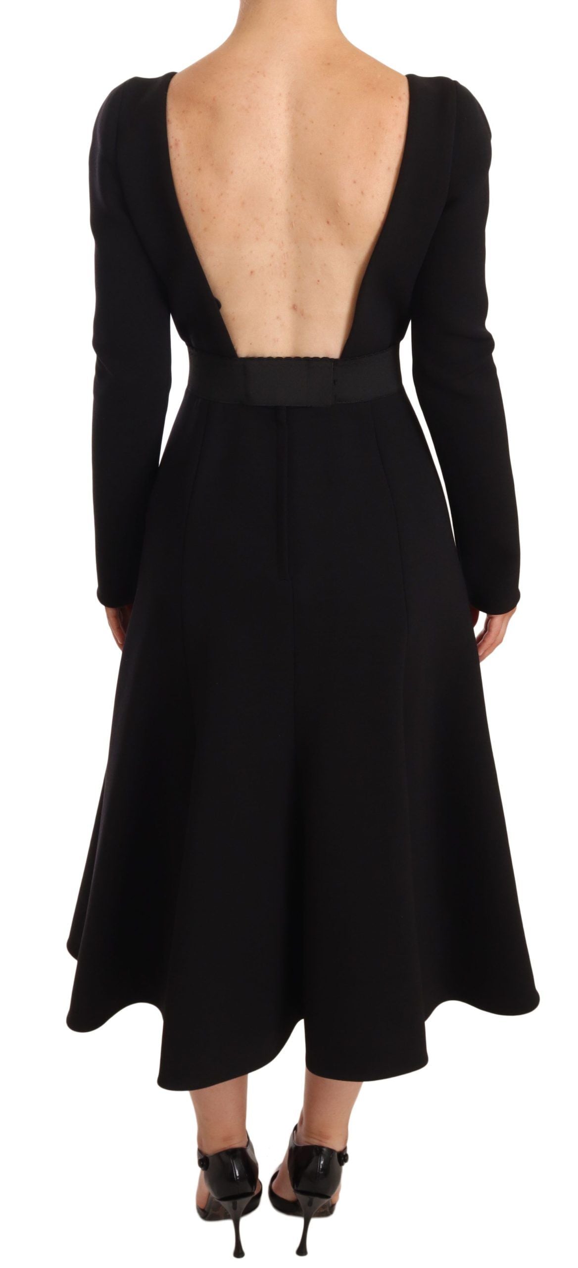 Elegant Black Stretch Sheath Mid-Calf Dress - ventzia