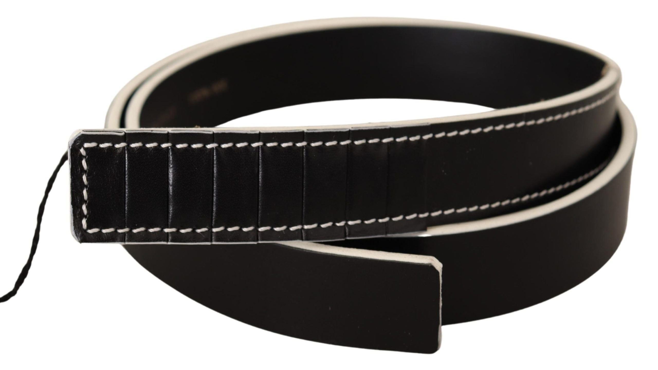 Chic Black Leather Fashion Belt with White Accents - ventzia