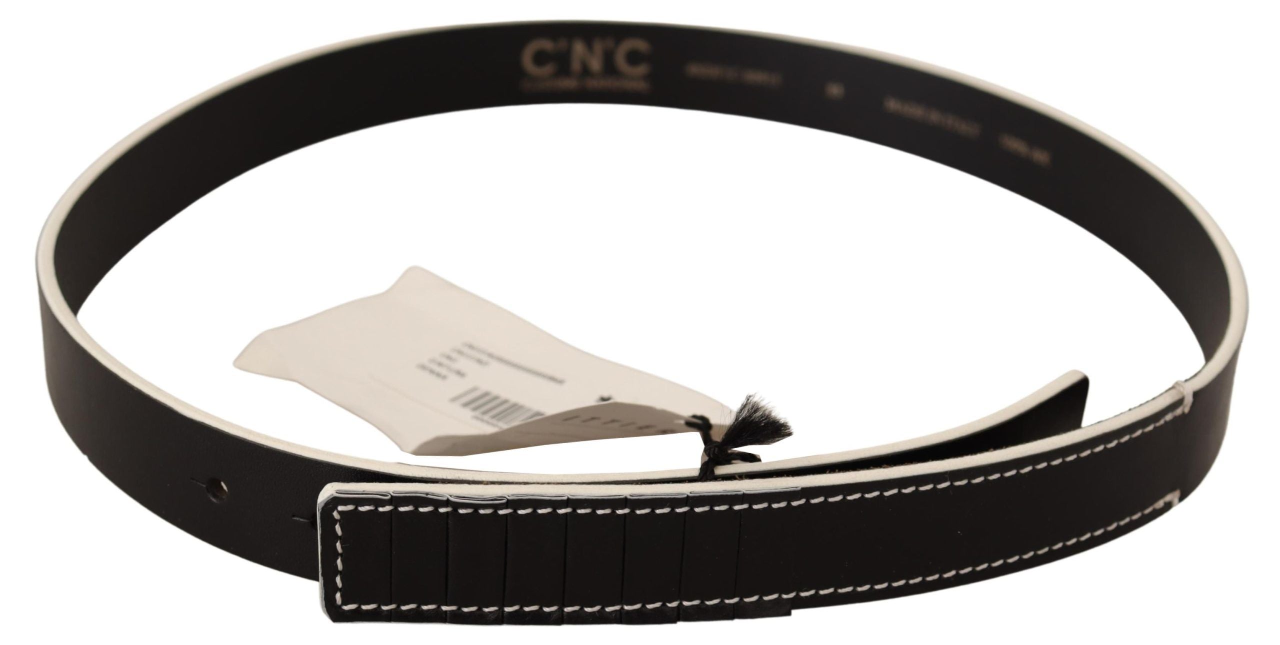 Chic Black Leather Fashion Belt with White Accents - ventzia