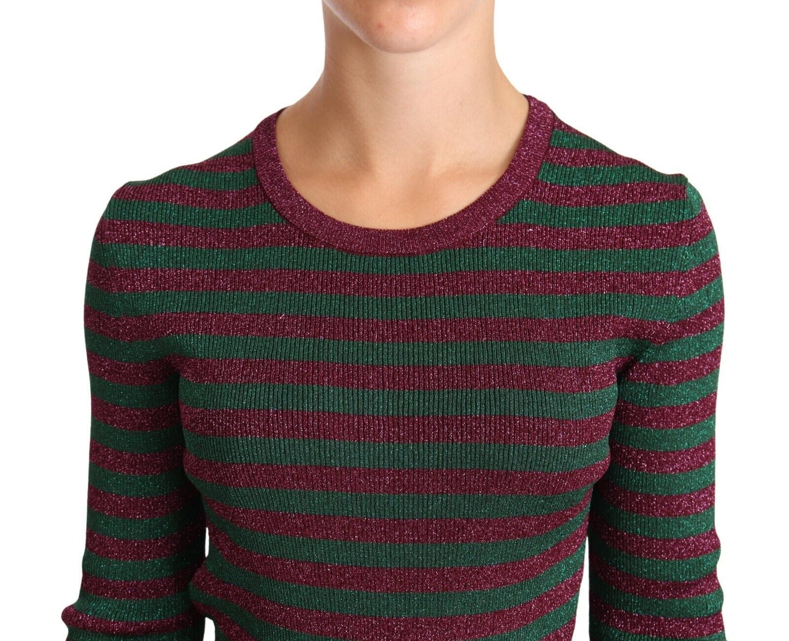 Elegant Maroon and Green Striped Crewneck Sweater - ventzia